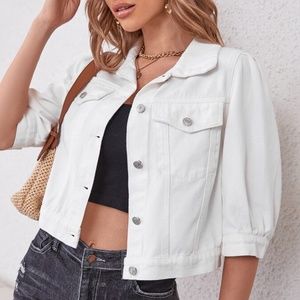 Boho White Puff Sleeve Denim Jacket Shacket